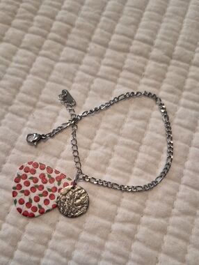 Stainless Steel Bracelet with Cherry Guitar Pick And Hammered Charm